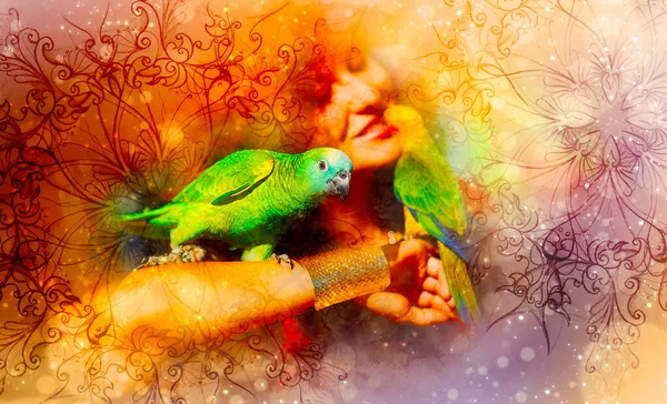 Jovem Com Papagaios Cor Ornamentos Fundo Aquarela Suavemente Borrada — Fotografia de Stock