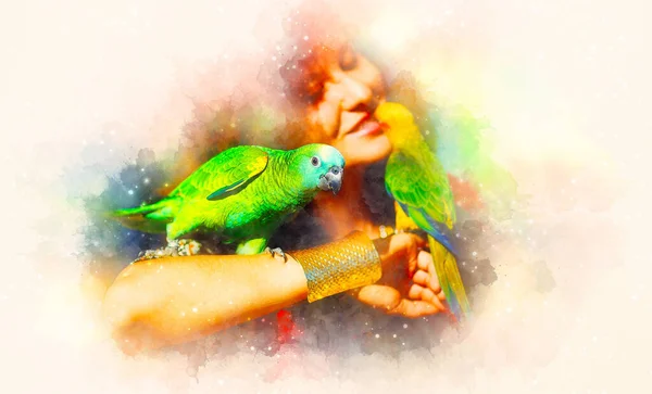 Renk Papağan Suluboya Arka Plan Usulca Bulanık Olan Kadın — Stok fotoğraf