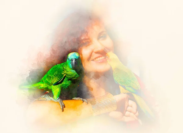 Young woman with color parrots and softly blurred watercolor background