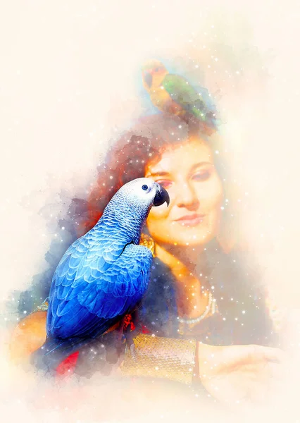 Young Woman Color Parrots Softly Blurred Watercolor Background — Stock Photo, Image