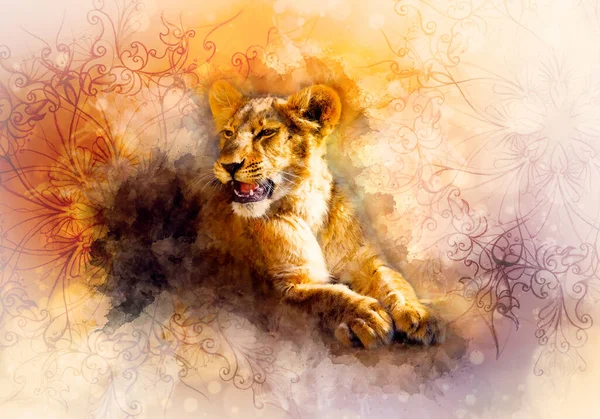 Cute Lion Graphivc Effect Softly Blurred Watercolor Background — Stock Photo, Image