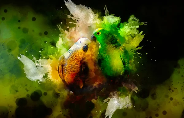 Grüne Und Weiße Papageien Und Sanft Verschwommener Aquarell Hintergrund — Stockfoto