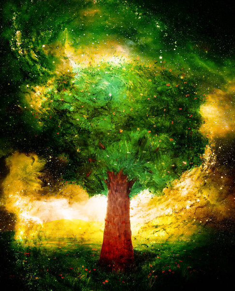 Beautiful mighty colorful tree in cosmic space