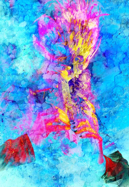 Девушка Шаманской Перьевой Маске Играет Деревянной Декоративной Флейте Графический Коллаж — стоковое фото