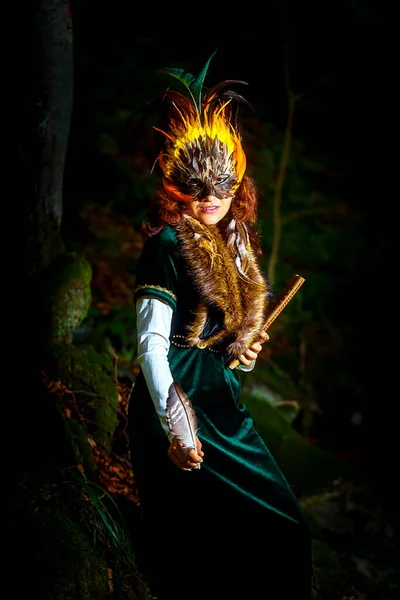 Girl Shamanic Feather Mask Historic Dress Woodland Surroundings Playing Wooden — Stock Photo, Image