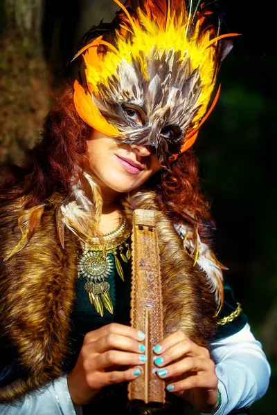 Girl Shamanic Feather Mask Historic Dress Woodland Surroundings Playing Wooden — Stock Photo, Image