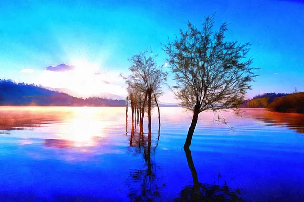 Красивый Пейзаж Восходящим Солнцем Отражающимся Водах Озера Компьютерный Графический Эффект — стоковое фото