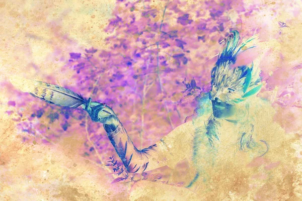 Девушка Шаманской Маской Перьев Лесах Графический Коллаж — стоковое фото