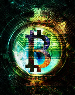 Bitcoin kripto para birimi kavramı, kozmik uzayda grafik kolajı