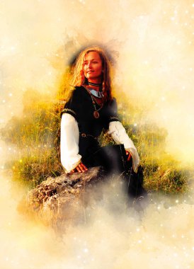 güzel kadın bir tarihsel giyim ve suluboya arka plan usulca bulanık