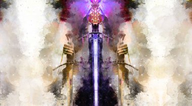 Medieval sword in woman hand and Softly blurred watercolor background clipart