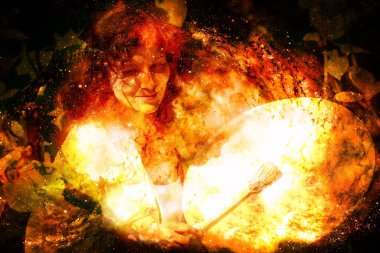 Soyut yapılandırılmış arka planda davulu olan şamanik kız. Ateş elemanı