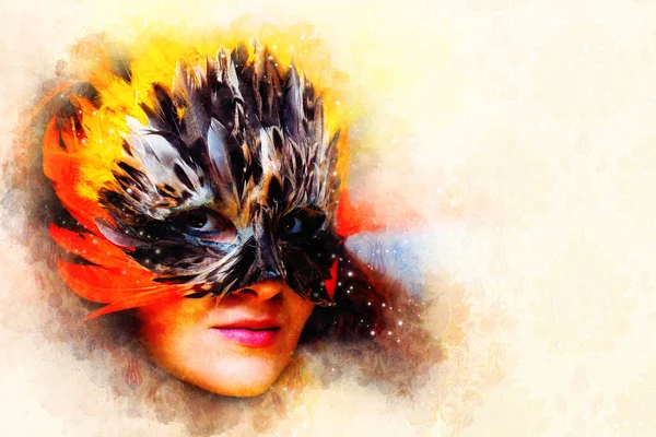 Jeune Femme Avec Masque Carnaval Plumes Coloré Des Ornements Fond — Photo