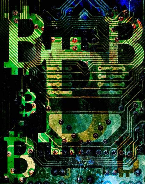 Bitcoin Kryptovaluta Koncept Grafiska Collage Ställen Effekt — Stockfoto