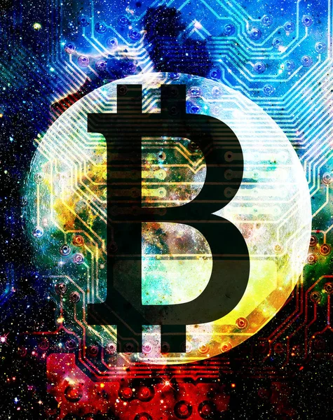 Konzept Der Kryptowährung Bitcoin Grafische Collage Kosmischen Raum — Stockfoto