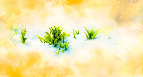 Grün Sprießt Auf Schnee Symbol Des Frühlings Und Weich Verwischter — Stockfoto