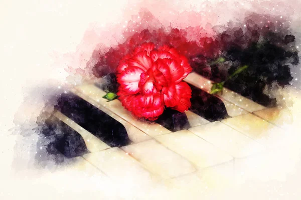 Old Vintage Gand Piano Keys Red Carnation Flower Softly Blurred — Stock Photo, Image