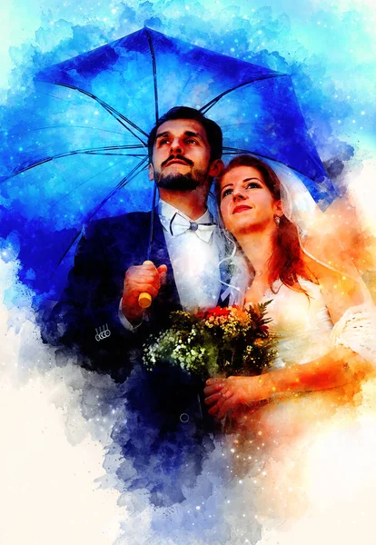 Noiva Noivo Com Guarda Chuva Azul Fundo Aquarela Suavemente Borrada — Fotografia de Stock