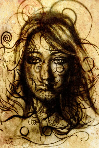 Airbrush Painting Woman Black Lines Sepia Color — Stock Photo, Image