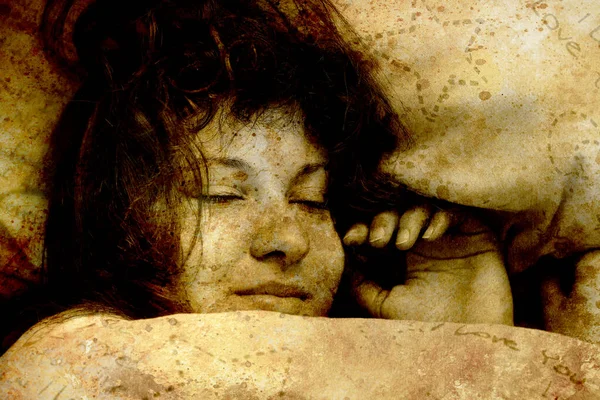 Detalhe Mulher Adormecida Com Cabelo Ruivo Efeito Antigo — Fotografia de Stock