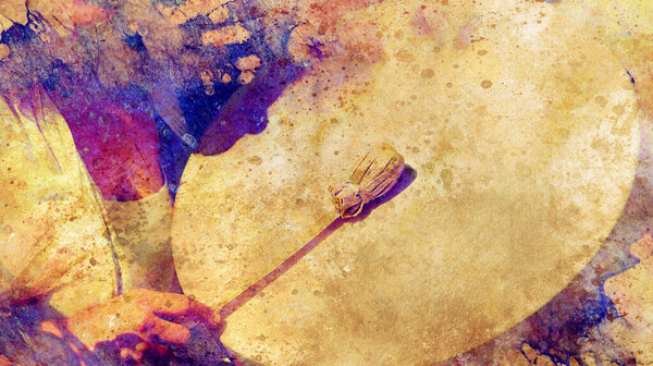 Шаманская девушка с барабаном на абстрактном структурированном фоне