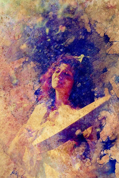 Šamanská Dívka Rámcovým Bubnem Abstraktním Strukturovaném Pozadí — Stock fotografie