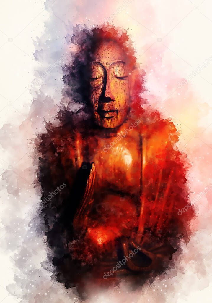 Buddha silhouette in lotus position and softly blurred watercolor background