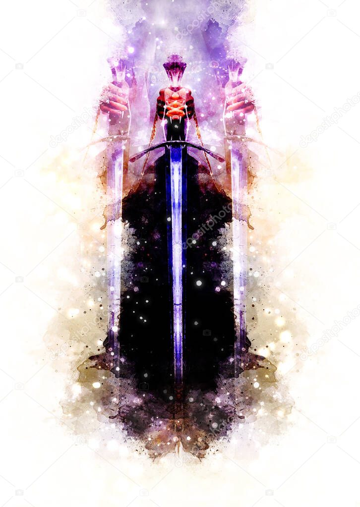 Medieval sword in woman hand and Softly blurred watercolor background