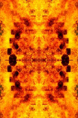 Yanan şenlik ateşi ve kütüklerin detaylarıyla soyut grafik kolajı