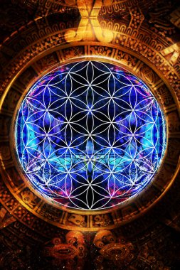 Yaşam çiçeği ve soyut renk arkaplanı üzerine antik Maya Takvimi. Kutsal geometri