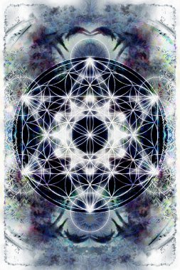 Soyut renk arka planında hafif merkaba ve hayat çiçeği. Kutsal geometri