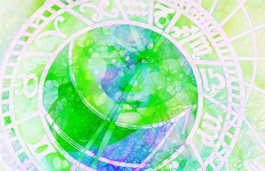 Astrolojik sembol Zodiac. Soyut renk arkaplanı. Bilgisayar kolajı. Cam etkisi