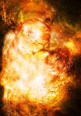 Kozmik uzayda aslan kıçı ve küçük aslan yavrusu