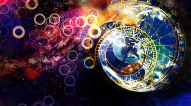 Astrolojik sembol Zodiac bulutlarda. Soyut renk arkaplanı. Bilgisayar Kolajı