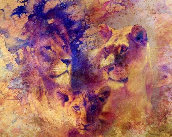 Famille Lion Lion Lionne Lionceaux Sur Fond Structuré Abstrait — Photo
