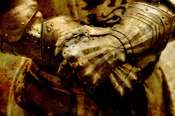Detail Ritterrüstung Handschuhe Eines Ritters Sepia Effekt — Stockfoto