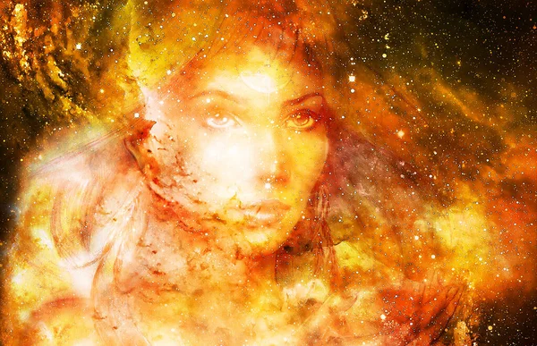 Goddess Woman in Cosmic space. Cosmic Space background. eye contact. Fire effect