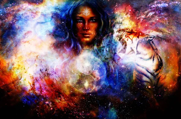 女神の女性と動物と宇宙空間でのシンボル陰陽 — ストック写真