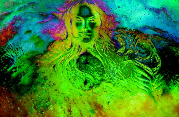女神の女性と虎と宇宙空間でのシンボル陰陽 ガラス効果 — ストック写真