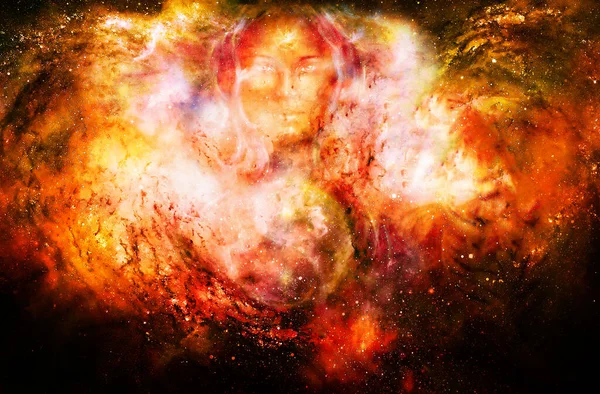 Deusa Mulher Símbolo Yin Yang Espaço Cósmico Efeito Fogo — Fotografia de Stock