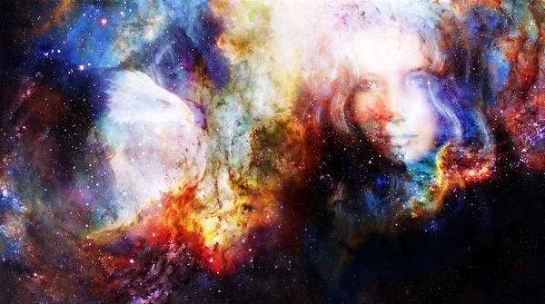 Goddess Woman Eagles Cosmic Space Fire Effect — Stock Photo, Image