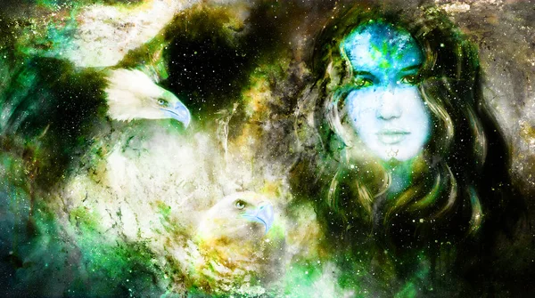 Goddess Woman Eagles Cosmic Space — Stock Photo, Image