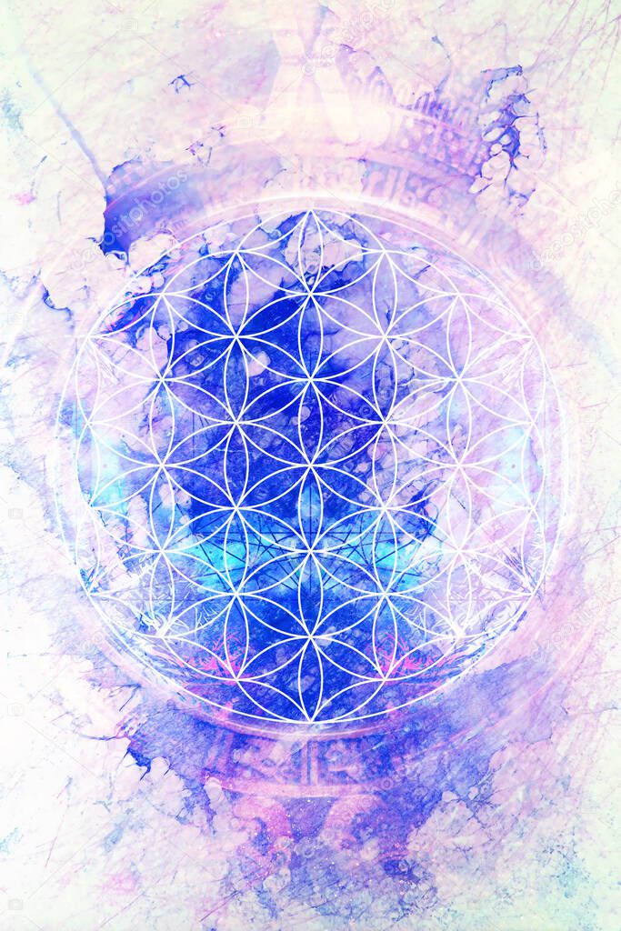 Flower of life on abstract color background. Marble effect