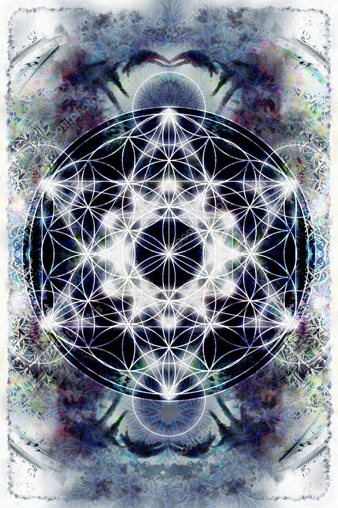 Light merkaba and Flower of life on abstract color background. Sacred geometry