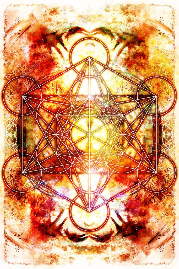 Light merkaba on abstract background. Sacred geometry. Fire effect