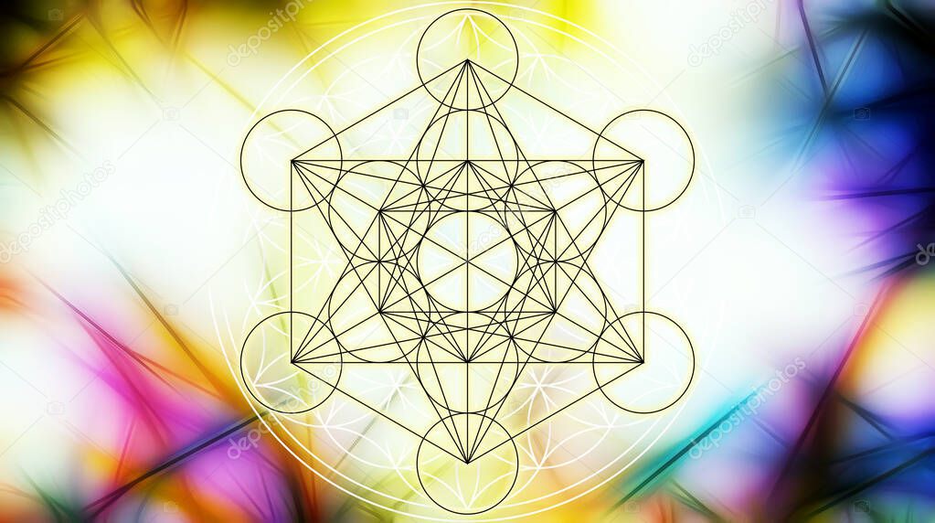 Light merkaba and Flower of life on abstract color background and fractal structure. Sacred geometry