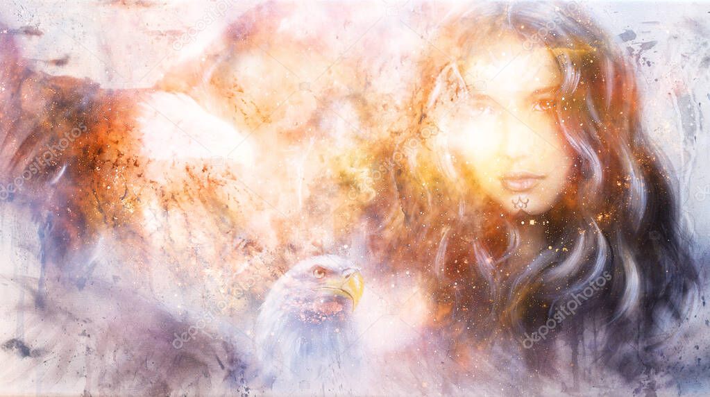 Goddess Woman and eagles in Cosmic space. Fire effect