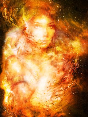 Kozmik uzayda Tanrıça Kadın. Kozmik uzay arka planı. Göz teması. Ateş etkisi