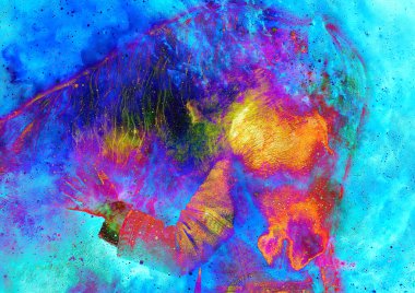 Atı ve kızı seven, kozmik uzayda ata sarılan bir kız. bilgisayar kolajı