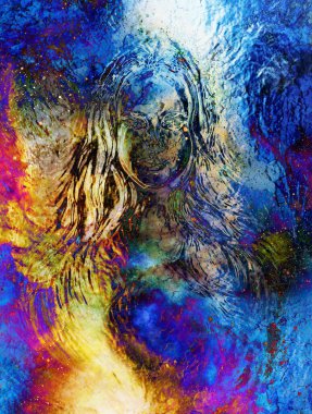 Kozmik arka plandaki tanrıça kadın. Boyama ve grafik tasarım. Cam etkisi